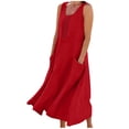 thumbnail image 3 of BiZtdJrK Robe Débardeur Bohème Rouge pour Femmes Été Sans Manches en Lin Robe de Plage Unie Col Ras du Cou Plissée Décontractée Robes d'Été avec Poches TG, 3 of 8