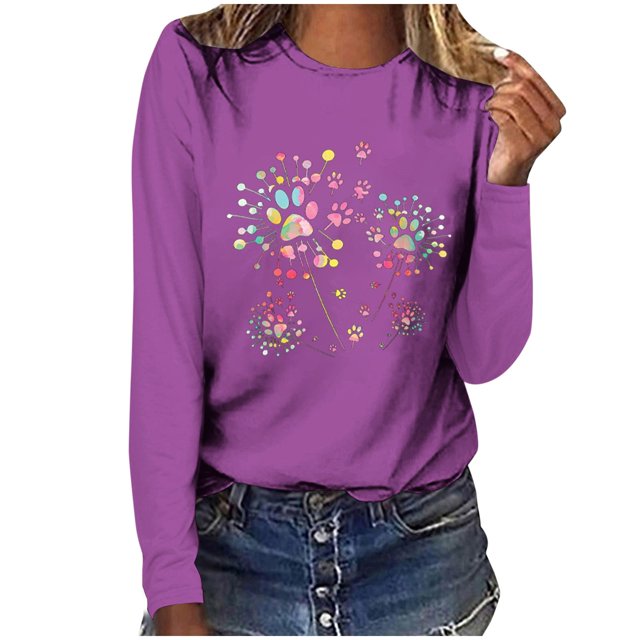 Pisexur Hauts d'Automne pour Femmes Mode Mignon T-Shirt Imprimé Graphique Hauts Col Rond Manches Longues Chemises pour Femmes Habillées Décontractées Sorties Hauts Confort Polyvalents Légers T-Shirts