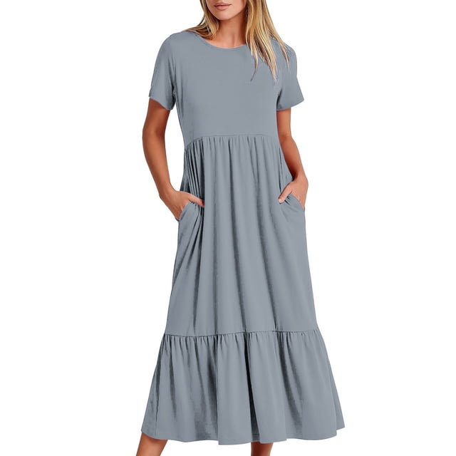 Penkiiy Robe d'Été Décontractée pour Femme à Manches Courtes, Col Ras du Cou, Robe Longue Fluide à Étages pour la Plage avec Poches, P Argent