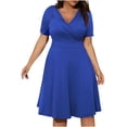 thumbnail image 1 of Robe Bohème Décontractée pour Femmes, Grande Taille, Col en V, Unie, Manches Courtes, Robe Évasée avec Poches, 1 of 6