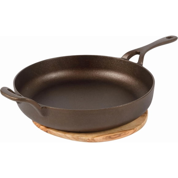Bloomhouse - Two Time Oprah's Favorite Things Winner - Natural Bronze Finish 12" Cast Iron Skillet w/Long Handle, Helper Handle & Olive Wood Trivet – Olive Oil Treated Fry Pan, Oven & Stovetop Safe