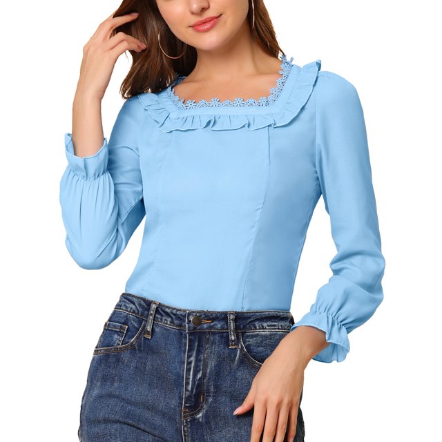 INSPIRE CHIC Women's Elegant Ruffle Square Neck Puff Long Sleeve Chiffon Blouse XS Blue