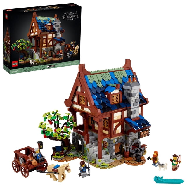 LEGO Ideas Medieval Blacksmith 21325 Toy Building Kit with 2,164 pieces, featuring a detailed 3-level medieval-style building with a removable roof, a glowing forge with a LEGO light brick, and a garden with an apple tree and well. Includes 4 minifigures: a blacksmith, an archer, and 2 Black Falcon Knights, along with a posable horse, a buildable cart, a dog, and a treefrog. The set measures over 10.5 inches (27 cm) high, 12.5 inches (32 cm) wide, and 8 inches (21 cm) deep. Designed for adult LEGO enthusiasts.