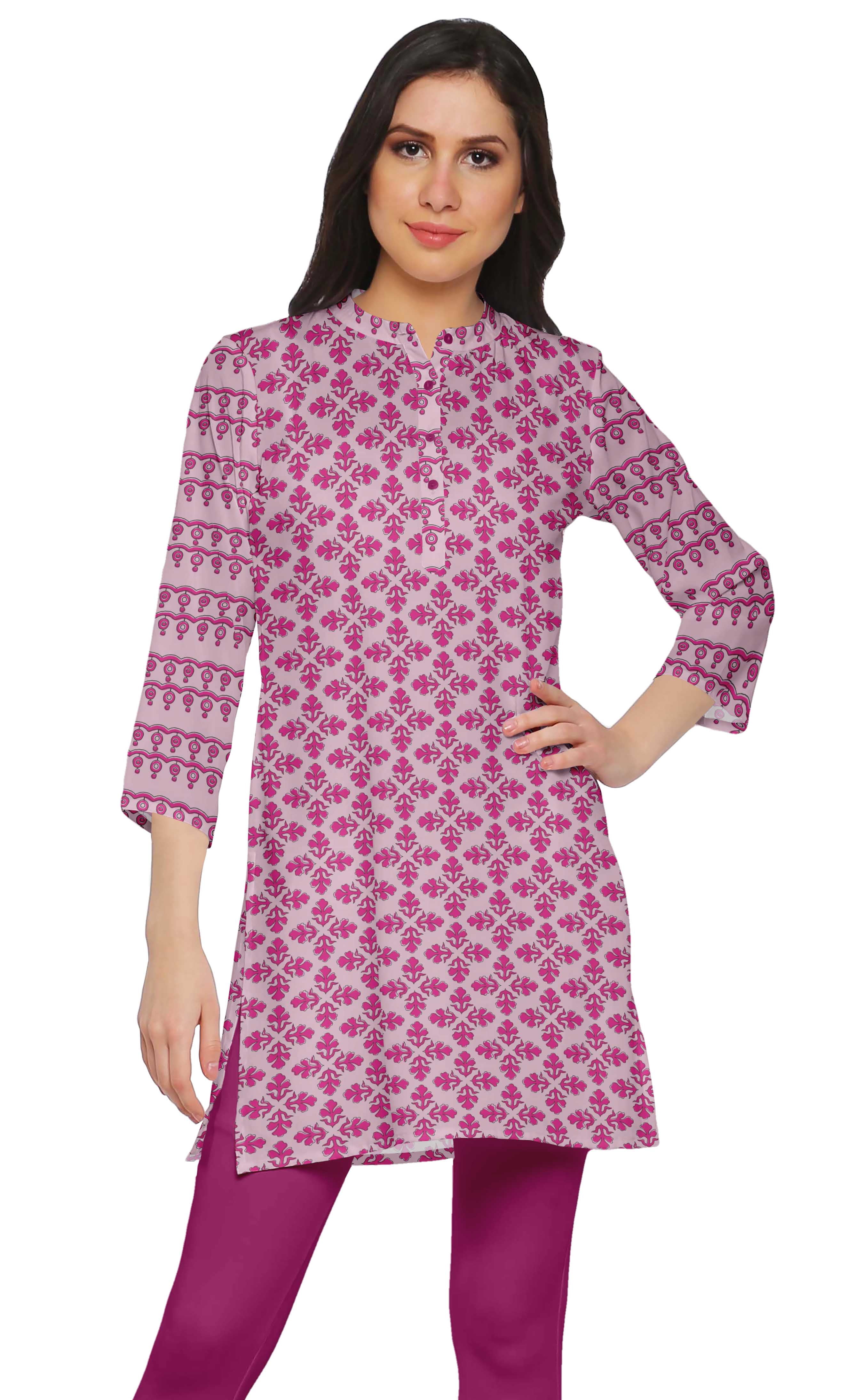 Moomaya Poly Crepe Close Collar Neck Short Kurtis For Women Printed Dress Top