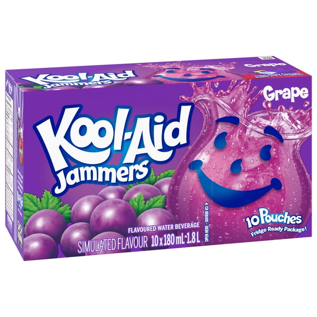 Kool-Aid Jammers Boîte de Boisson d'Eau Aromatisée au Raisin Contenant 10 Sachets de 180 ml Chacun, Présentant des Graphiques de Raisin Violet et le logo de Pichet Souriant Kool-Aid sur un Fond Violet, Idéale pour les Boîtes à Lunch, les sports et les Fêtes.