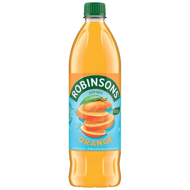 Robinsons NAS Orange concentre in a 1L clear plastic bottle with a green screw cap, filled with bright orange liquid. The label features the Robinsons brand name, sliced orange fruit with water droplets, and indicates it is a no added sugar orange squash drink mix to be diluted with water, suitable for refreshing hydration.