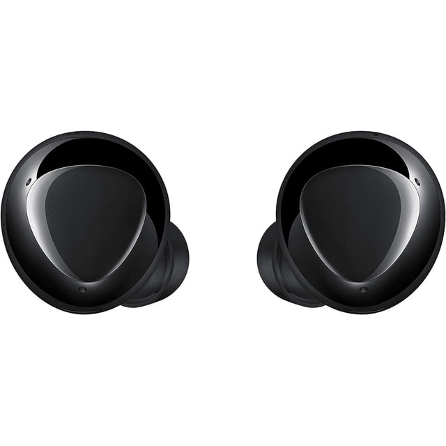 Refurbished (Good) Samsung Galaxy Wireless Buds+ in black, featuring a sleek, rounded design with touch-sensitive surfaces. These true wireless earbuds deliver powerful bass, clear audio, and adaptive 3-microphone technology for superior call quality. Includes a charging case with 22 hours of total battery life, Bluetooth connectivity, and ambient sound mode for customizable noise control.