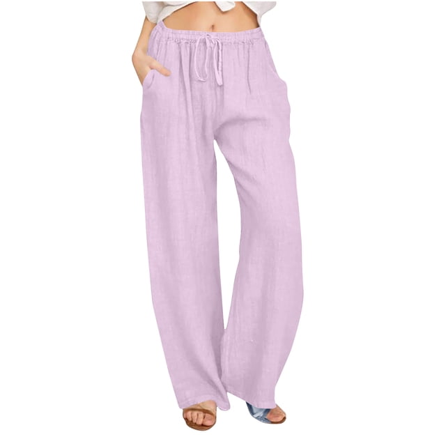Timegard Cotton Linen Pants for Women Elastic Waist Drawstring Fall Travel Casual Pants with Pockets