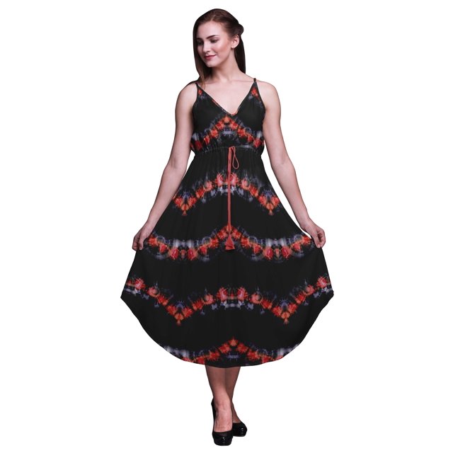 Bimba Tie-Dye Ladies Printed Resort Midi Drawstring Dress Spaghetti Strap Beach Wear-X-Small