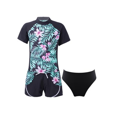 XUNZOO 3Pcs Girls Short Sleeve Rashguard Shirts Top with Swim Trunks Briefs Swimsuit for Swimming Surfing Black 16