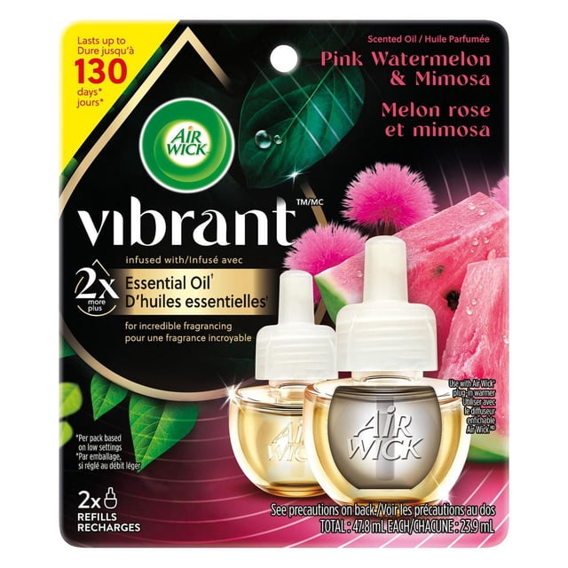 AIR WICK® Huile Parfumée - Recharge - Melon D\'eau Rose VibrantTM et Mimosa avec Deux Bouteilles de Recharge Transparentes à Brancher avec Capuchons Blancs, Affichées sur l'Emballage avec des images de Melon D\'eau et de Fleur de Mimosa Rose, Infusées d'Huiles Essentielles pour jusqu'à 130 Jours de fragrance Continue et Longue Durée, Convenant à Toute Pièce.
