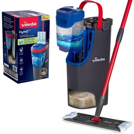 Vileda H2prO Flat Mop and Bucket Set | 100% Clean & Dirty Water Separation | Wall Mop, Baseboard Cleaning Tool | Machine Washable Reusable