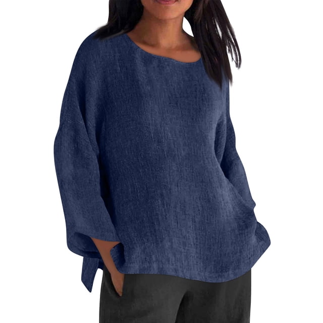 Tnhcen Chemise Décontractée pour Femme en Mélange Coton-Lin d'Automne à Col Rond, Manches 3/4 - Grande Taille, Hauts d'Automne Confortables P-5TG