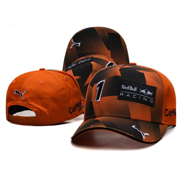 F1 Formula One Racing Red Bull Racing embroidered hat by fanceye, featuring an orange and black geometric pattern with the Red Bull Racing logo and the number '1' embroidered on the front. The cap includes an adjustable strap at the back with a Puma logo and 'CarNext.com' text. Made from lightweight, breathable cotton and linen material, it is suitable for outdoor activities like running, golf, and cycling. Designed for unisex use with a comfortable fit and foldable for easy carrying.