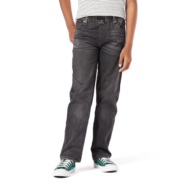 Levi Strauss Signature Boys' Athletic Fit Pull-On Jeans in faded black denim with elastic waistband and hidden drawcord for a custom fit, featuring a straight leg taper and classic 5-pocket styling, ideal for active boys at school or play.