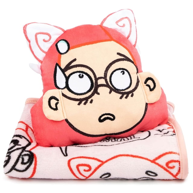 Disney Pixar Turning Red Nogginz Pillow & Travel Blanket Set - 'Personality' Design with a plush red character pillow featuring embroidered facial details and ears, resting on a folded soft travel blanket printed with matching character faces in red and black on white, made from 100% polyester, ideal for travel, sleepovers, or lounging.