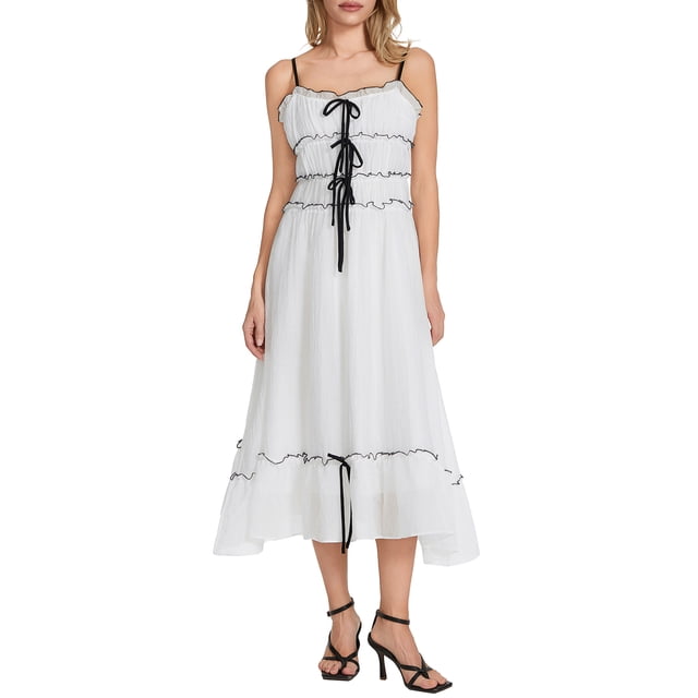 Gupgi Robe Longue à Bretelles pour Femmes, Cami, Sans Manches, à Nouer, à Bretelles Spaghetti, à Volants, Fluide, Robe d'Été Décontractée, Robes Nuisette