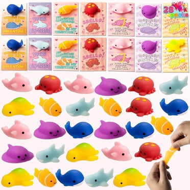 Joyfy 28 Paquets Cartes de la Saint-Valentin avec Jouets Mochi Squishy pour Enfants, Jouets Mochi Squishy Kawaii de la Saint-Valentin Anti-Stress pour Enfants Garçons, Cartes d'Échange en Classe pour la Saint-Valentin Cadeaux