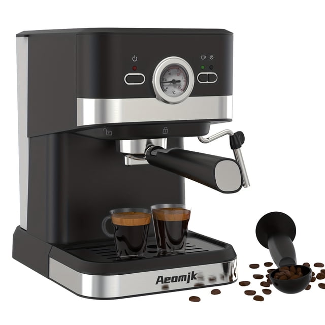 Fast Heating Espresso Machine by Aeomjk, featuring a milk frother wand and a 1-litre water tank. The machine operates at 20 kPa pressure and 110-130V voltage, with a US plug. The front-facing view shows its sleek black and stainless steel design, dual espresso shot capability, and a built-in pressure gauge. Includes a coffee scoop with beans.