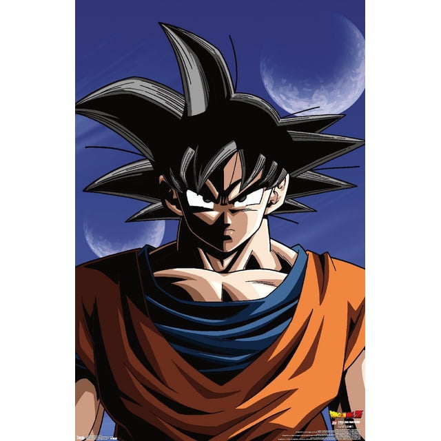 Dragon Ball Z - Affiche Murale Goku, 22,375 Po x 34 Po Présentant une illustration de Goku Orientée vers l'Avant avec des Cheveux Noirs Hérissés et un gi d'Arts Martiaux orange et Bleu contre un Ciel Nocturne Bleu Foncé avec Deux Lunes, Imprimée sur Papier d'Affiche Lustré, Convient à la Déco de la Maison et aux Résidences Étudiantes.