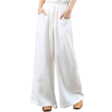 Fgnfyis Womens Pants Summer High Waisted Palazzo Wide Leg Long Trousers with Pocket Linen White XL