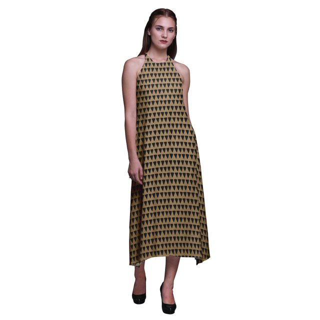 Bimba Geometric Causal Long Backless Halter NeckDressWomen Printed BeachDress-Small