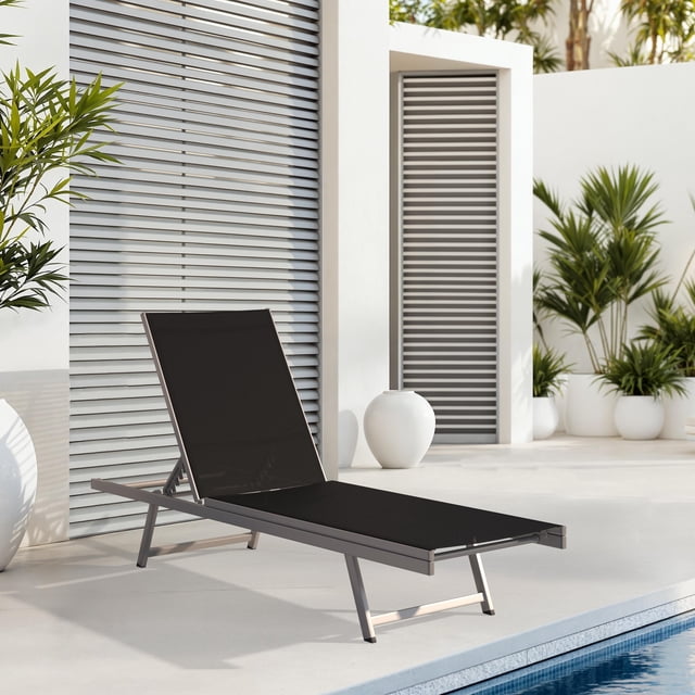 CorLiving Gallant Weather Resistant Reclining Outdoor Lounge Chair with Metal Frame and Polyester Mesh Fabric, Black