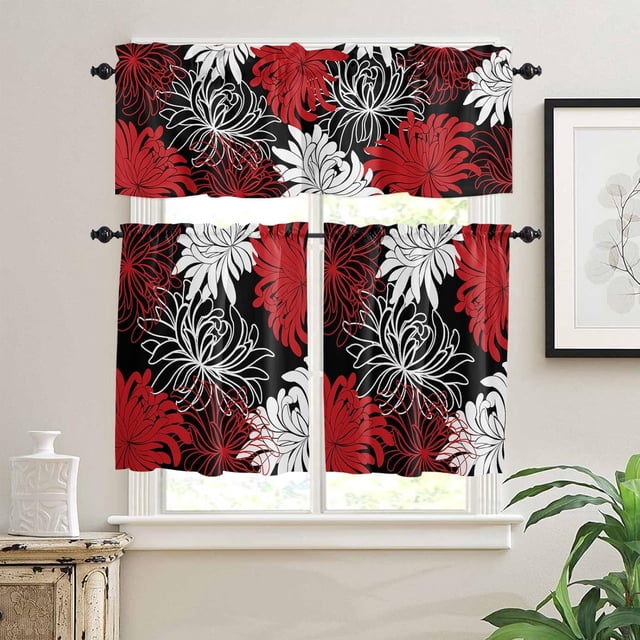 Dahlia Kitchen Curtains Red Chrysanthemum Valances for Windows, Botanical Prints Curtains & Drapes, Blackout Curtains Rod Pocket Kitchen Curtains and Valances Set Tier Curtains for Bathroom