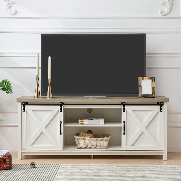 GAZHOME Meuble Télé Style Ferme pour Téléviseurs jusqu'à 65”, avec Portes de Grange Coulissantes, Blanc