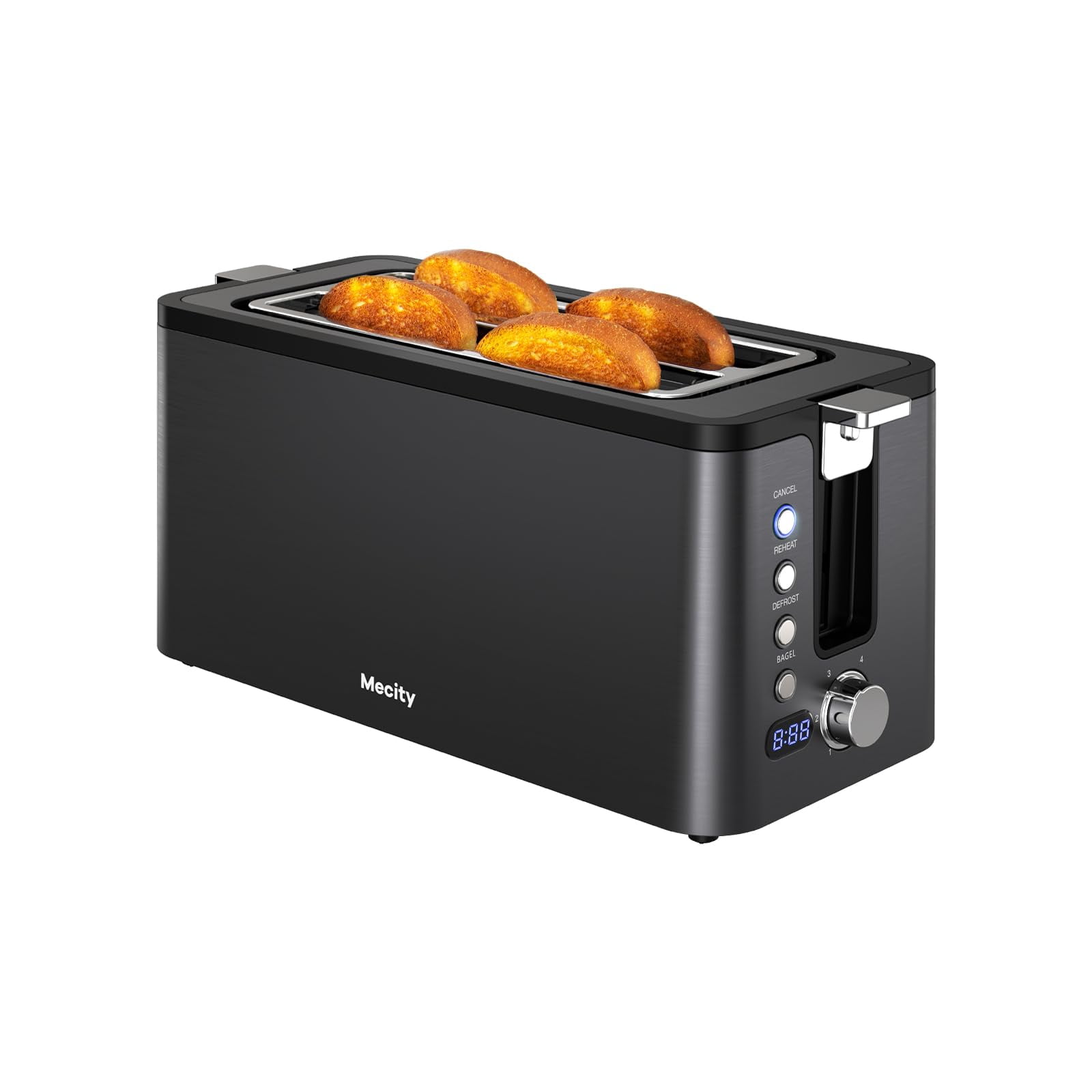 Mecity 4 Slice Toaster, Long Slot Toaster with Timer, Bagel, Defrost, Reheat, Cancel Functions, Warming Rack, Removable Tray, 6 Browning Settings, Extra Wide Slots, Stai