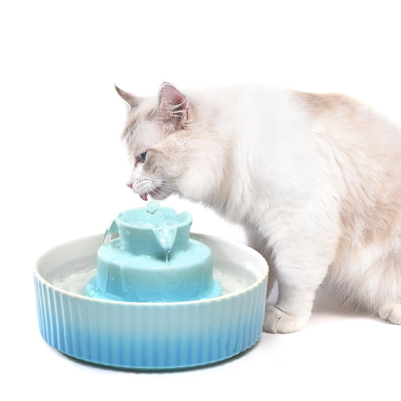 2.1L Ceramic Cat Water Fountain-for Cats and Dogs 360 Ceramic Pet Fountain-70 Oz Large Water Capacity - Whisper-Quiet Water Flow-Great for Shy or Timid Pets - Fresh Filtered Water (Blue)