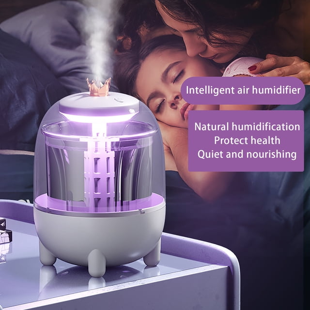 Meitianfacai Color Humidifier Small Office Desktop Mute Bedroom Dormitory Student Home Portable USB Power Supply. A compact, dome-shaped humidifier with a translucent body and soft purple lighting, emitting a fine mist from the top. Designed for small spaces like offices, bedrooms, or dorms, it operates quietly and is powered via USB. The humidifier features a 0.5-1L water tank and supports water shortage protection, making it user-friendly and efficient for improving air quality and reducing dryness.