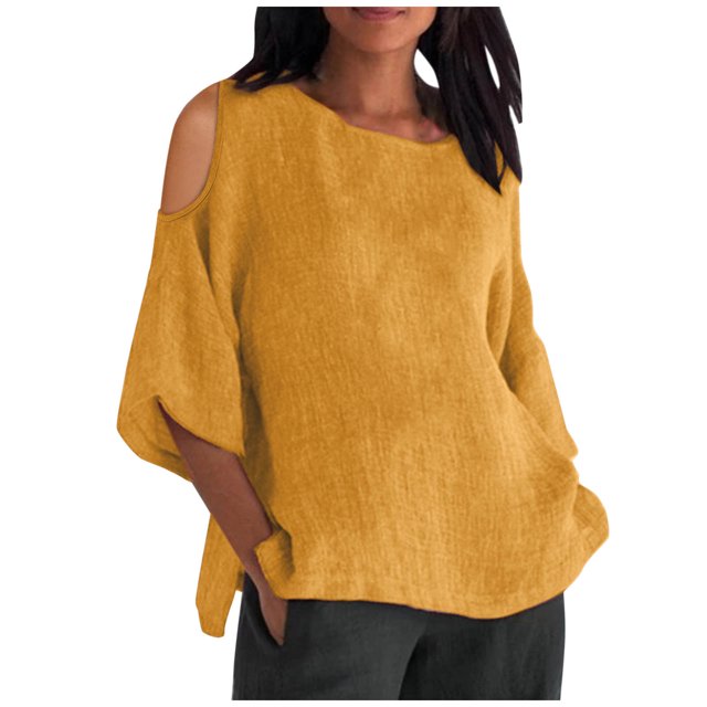 Liquidation! Hauts Grande Taille pour Femmes, Blouse à Manches Courtes d'Été pour Femmes, Mode Féminine Manches Courtes Col Rond Ample Épaules Dénudées Blouse