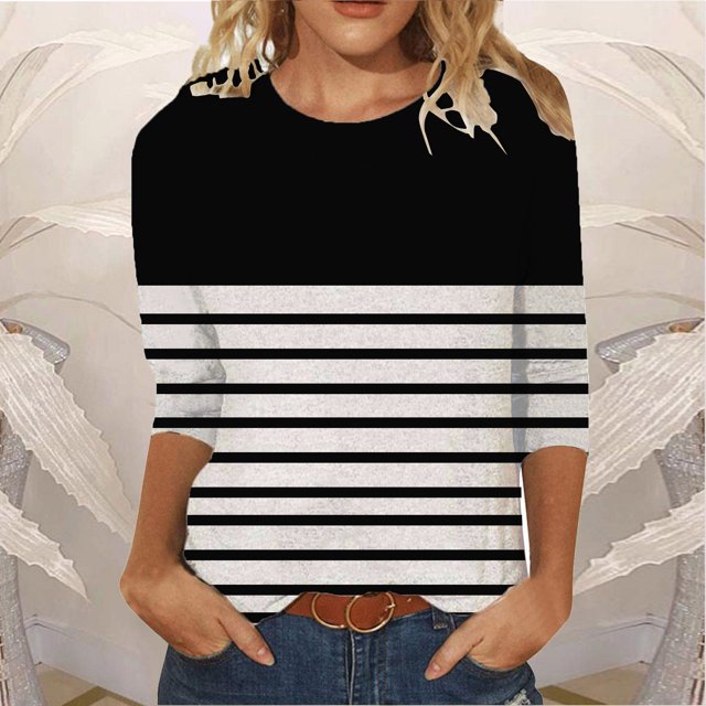 Meichang Chemises à Manches 3/4 pour Femmes Hauts à Rayures Color Block Col Rond T-Shirts Décontractés Chemises Coupe Ample Blouses de Travail Confortables Pull Mode 2024
