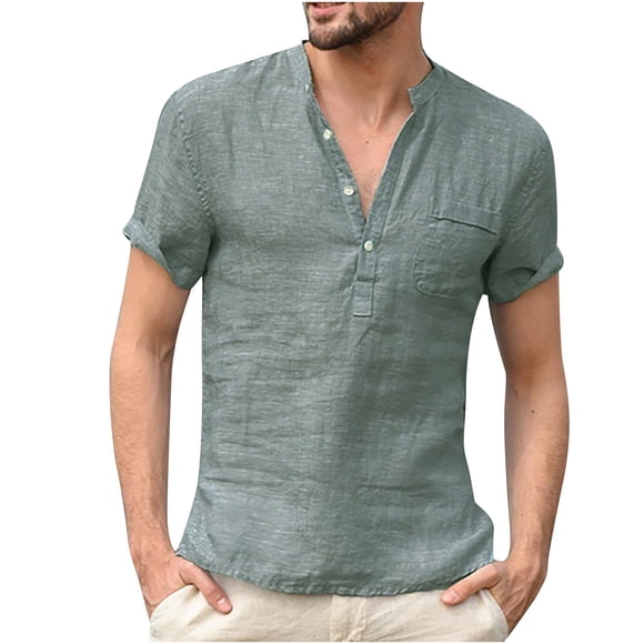 Pompotops Short Sleeve Shirt Men Summer Casual Fashion Linen T-Shirt Men's Retro Stand-Up
