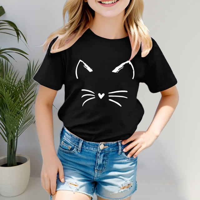 BYHONG T-Shirt à Manches Courtes à Imprimés de Chat pour Tout-Petits Garçons Filles, Hauts Vêtements Enfants Filles, Tunique Décontractée à Col Rond, Noir 140