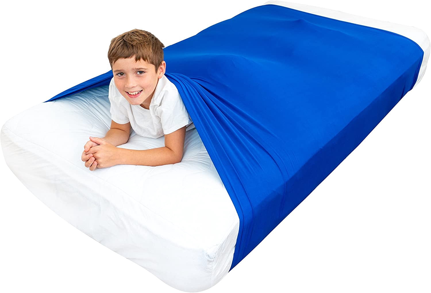 Jinsinto Kids Sensory Bed Sheet Compression Alternative to Weighted Blankets - Breathable, Stretchy - Cool & Cozy Sleeping Bedding (Blue, Full)