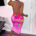 thumbnail image 1 of CEHVOM Women Fashion Print Color Halter Fishnet Round Neck Dress Long Dress, 1 of 6