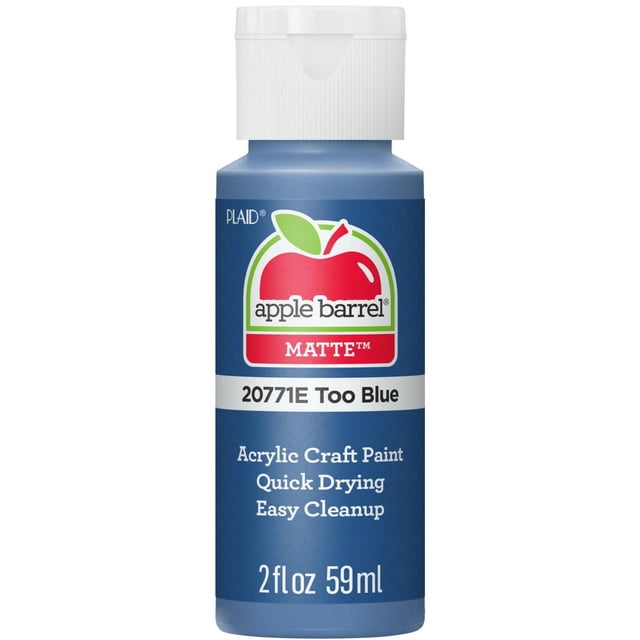 Apple Barrel Colors Matte Acrylic Craft Paint, 2 fl. oz., Too Blue, a small blue plastic bottle with a white flip-top cap and matte label featuring the Apple Barrel red apple logo, quick drying and easy to clean, suitable for use on wood, paper, canvas, and more.