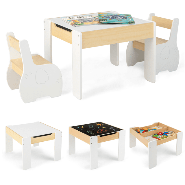 OLAKIDS 3 in 1 Kids Table and Chair Set, Wood Multi Activity Table with Removable Tabletop, Detachable Blackboard for Toddler Playing Drawing Arts Crafts,3 PCS Children Furniture with Storage (White)