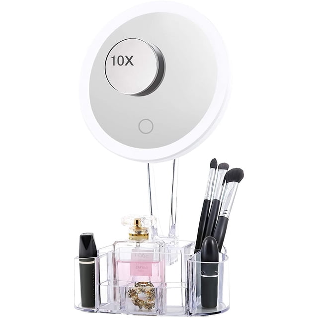 Lighted Makeup Mirror, Led Lights 10X Magnifying, Detachable Light Up Mirror Touch Screen Dimming 90° Rotation , with Storage Box
