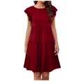 thumbnail image 2 of Femmes Été Volant Manches Mini Robe Couleur Unie Décontractée Swing Fluide une Ligne Plissé Plage Robe de Soleil, 2 of 7
