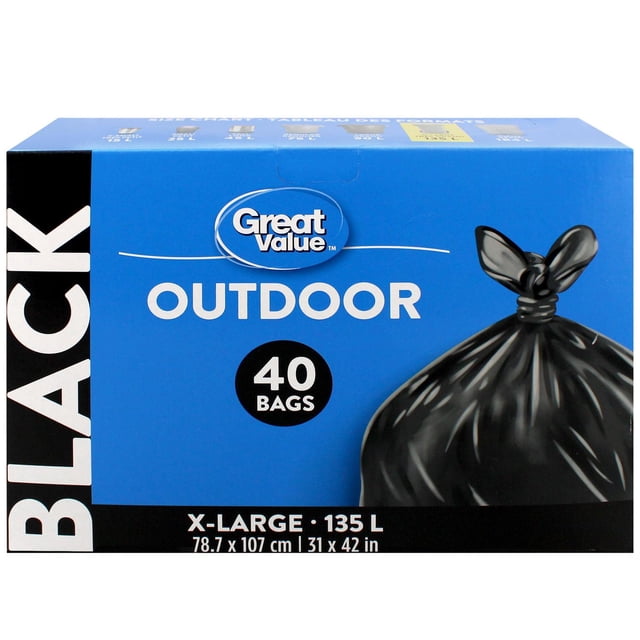 Great Value Très Grands Sacs à Ordures d'Extérieur en Boîte avec 40 Sacs à Déchets Noirs, Chaque Contenant 135 L (78,7 x 107 cm / 31 x 42 Po), avec Attaches à Rabat pour une Fermeture Sécurisée, Idéal pour l'Élimination et le Rangement des Déchets Ménagers d'Extérieur.