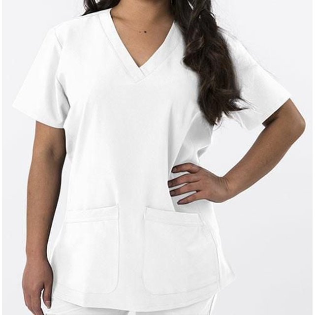 Greentown Canada Scrubs 4Flex Scrub Top (1201) in white, front view showing contemporary fit with fashion V-neck, short sleeves, and two patch pockets, made of 93% polyester and 7% spandex with 4-way stretch and moisture-wicking fabric, suitable for uniforms and workwear.