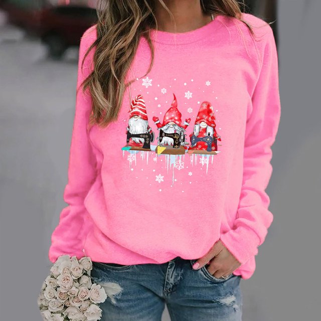 EGNMCR Chandail en Molleton de Noël Mode Femme Ample Imprimé de Noël Col Rond