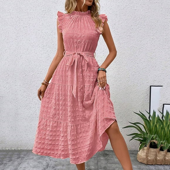 Soldes d'Été! Robe d'Été Décontractée pour Femmes, Col Rond, Manches Courtes à Volants, Coupe Ample, Idéale pour la Plage Ou les Sorties Décontractées. Offres Exceptionnelles du Jour!