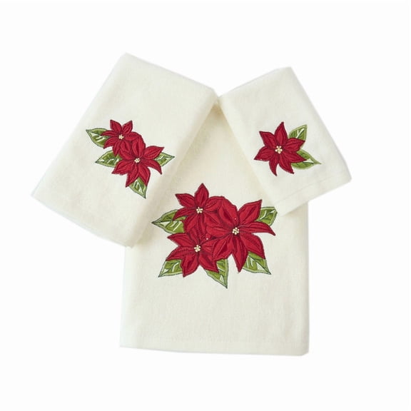 Marina Decoration Xmas Premium Luxury Decor Ultra Soft 100% Cotton Embroidered Bathroom Modern Christmas 3 Piece Towel Set, Red Poinsettia Flower with Ivory Base Pattern