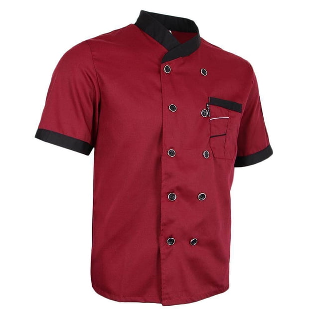 enqiretly Chef Jacket Uniform Short Sleeve Hotel Kitchen Apparel Cook Coat XL Red. A short-sleeve chef jacket in red with black accents, featuring a double-breasted design, left arm thermometer pocket, and pen pocket. Made from breathable polyester material, suitable for professional use in restaurants, hotels, cafes, and bakeries.