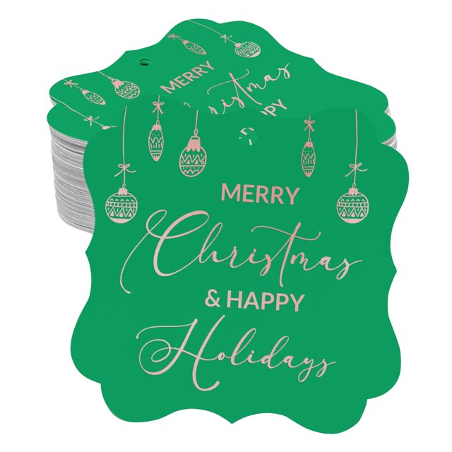 Inkdotpot Real Rose Gold Foil Merry Christmas & Happy Text Tags Favor Bracket Shape Hang Pack Of 100 Paper Tags