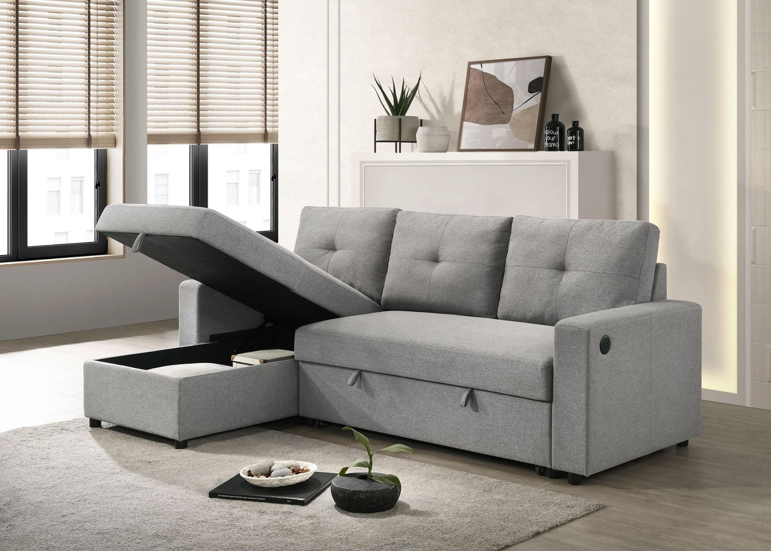 K-Living Ceillo Sofa Bed in Grey Fabric with Storage